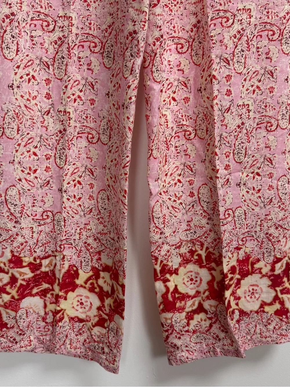 Zara Pants Womens Medium Pink Paisley Floral Linen Blend Pull On Stretch Waist